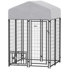 Welded Wire Outdoor Dog Kennel With 360 Rotating & 4 Levels Adjustable Bowls, Waterproof Cover, 3.9 X 3.9 X 6