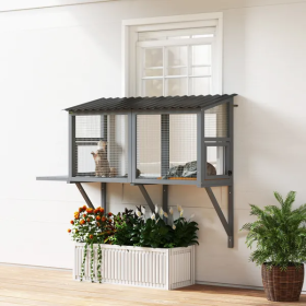 Wooden Cat Catio, Outdoor Cat Enclosure Window Perch With Jumping Platform (Color: Grey)