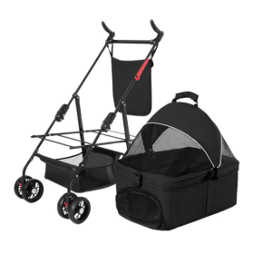 4 Wheels Pet Stroller Foldable Carrier Strolling Cart Travel Jogger Pet Stroller With Removable Liner Storage Basket For Dog Cat (Color: Black)