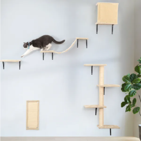 5 Pcs Wall Mounted Cat Climber Set  Floating Cat Shelves And Perches  Cat Activity Tree With Scratching Posts  Modern Cat Furniture (Color: Beige)
