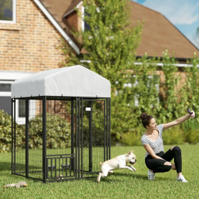 Welded Wire Outdoor Dog Kennel With 360 Rotating & 4 Levels Adjustable Bowls, Waterproof Cover (Option: Silver big)