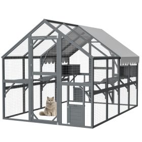 Extra Spacious Catio Outdoor Cat Haven, 110 Inch Luxury Cattery With Weather-Resistant Roof, Cat Climbing Ramp, Space Pod Bed, 2 Lounging Huts (Option: Gray)